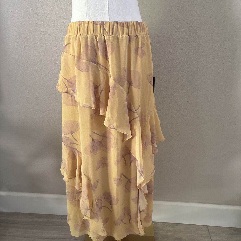 Nicole Miller Floral Ruffle Maxi Skirt Women’s M Yellow Daffodil NEW